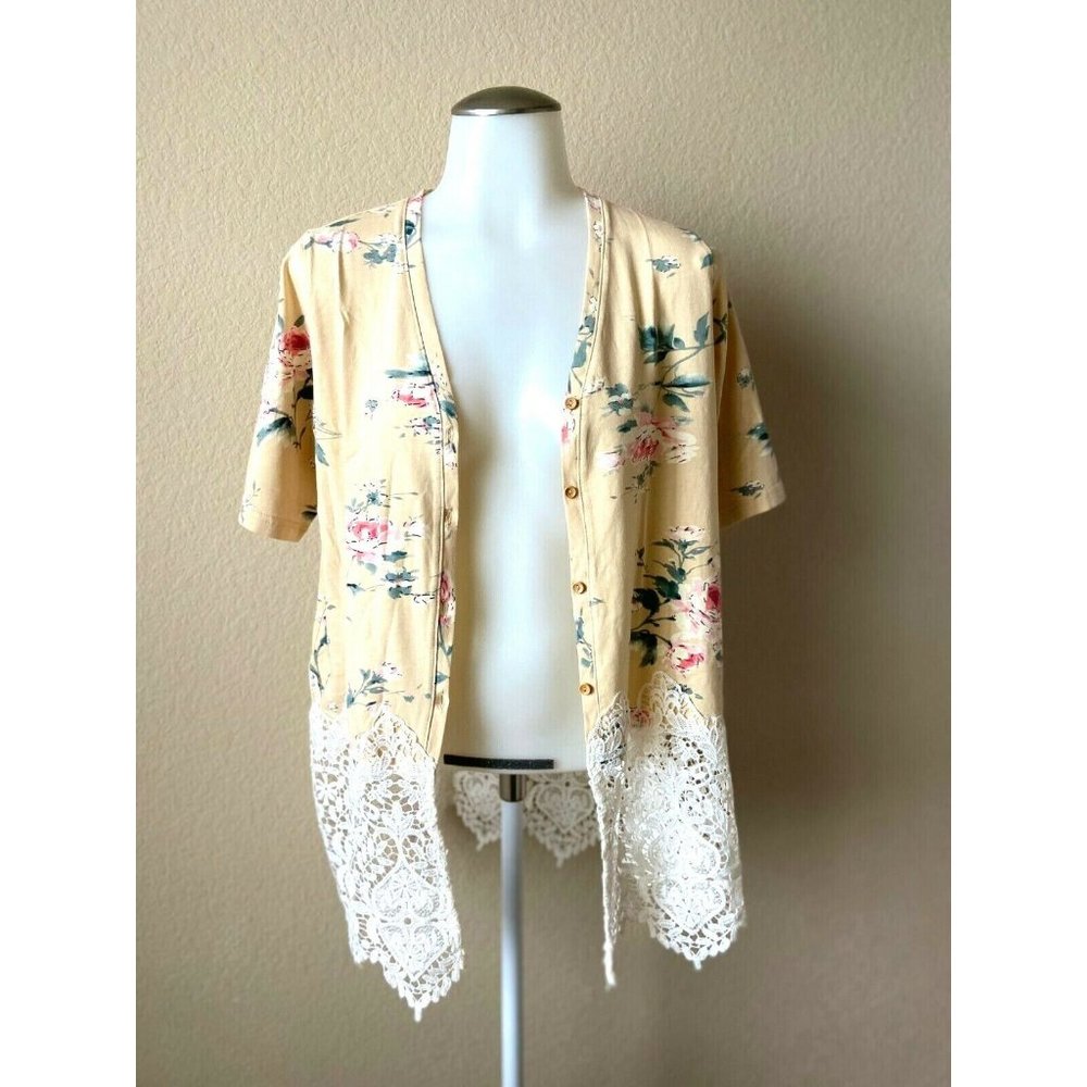 Floral Lace Kimono Casual Blouse Short Sleeve Cottagecore 100% Cotton One Size
